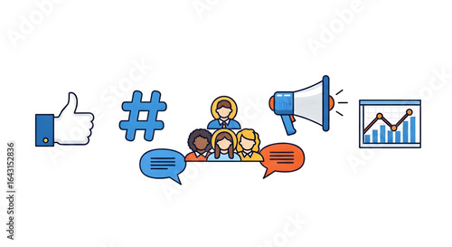 Social media marketing concept with icons for likes, hashtags, communication, and data analysis isolated on transparent background