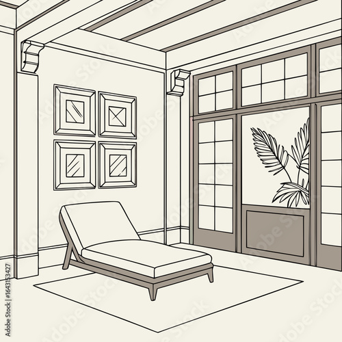 An interior sketch shows a minimalist lounge with a daybed, square-framed wall art, large window, and coffered ceilings. This stylish drawing has a clean, inviting aesthetic.

