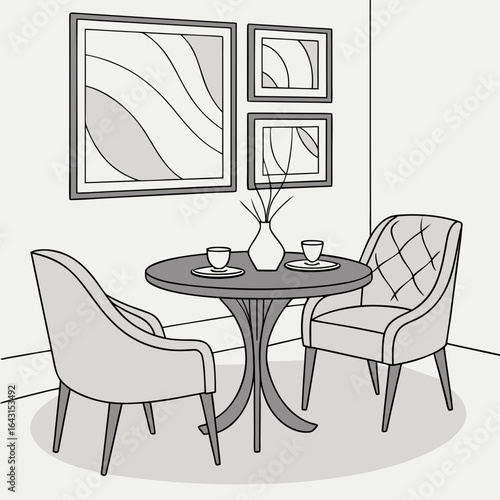 Illustration of a dining space featuring a round table with two chairs, styled artwork decorates the wall. This imagery could be used for interior design or home furnishing content.

