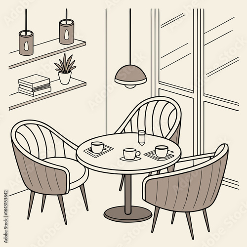 This is a sketched illustration of a seating area. A table is surrounded by three chairs in front of a window and above a shelf.

