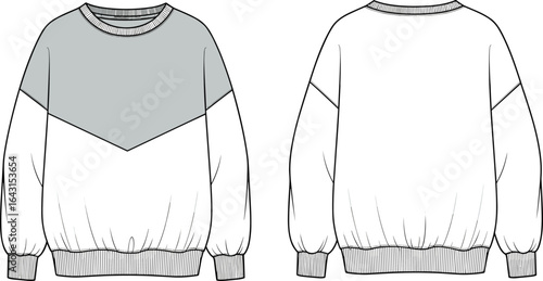 Women’s color-block crewneck sweatshirt with chevron yoke design, ribbed cuffs and hem, long sleeves, casual oversized pullover fashion flat illustration