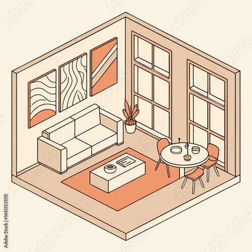 Isometric view of a modern apartment scene showing living and dining areas. The illustration is peach and beige and appears in a grid of stock images.

