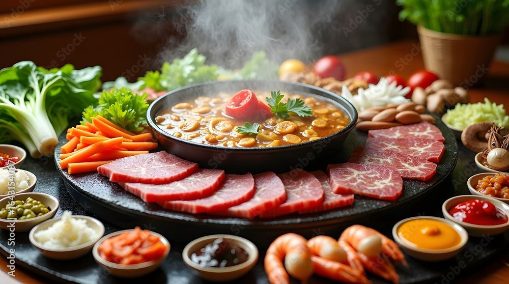 Fototapeta premium A vibrant and inviting arrangement of diverse food elements, featuring cooked meat, vegetables, and