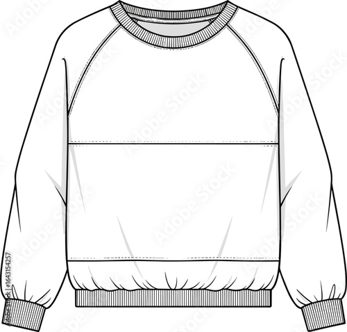 Raglan sleeve sweatshirt with crew neck, ribbed cuffs and hem, horizontal seam detail, casual pullover fashion flat sketch