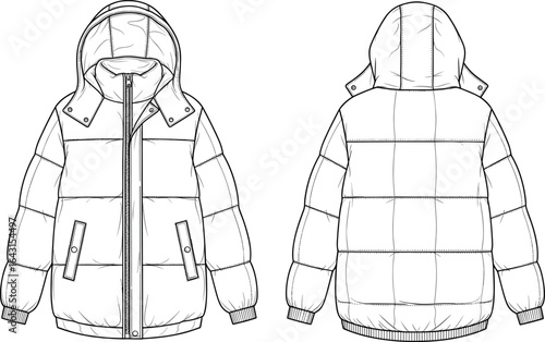Puffer jacket with detachable hood, front zipper closure, zip pockets, elastic cuffs and hem, quilted winter coat fashion flat sketch