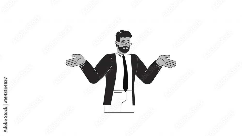 Uncertain Animation Confused corporate black man shrugging with open hands outline 2D ...