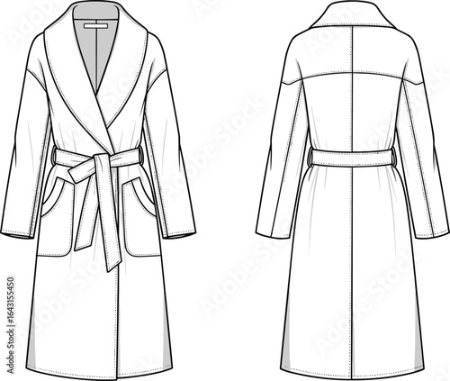 Women’s long belted coat – elegant shawl collar winter overcoat with tie waist, deep front pockets, and warm, soft fabric design