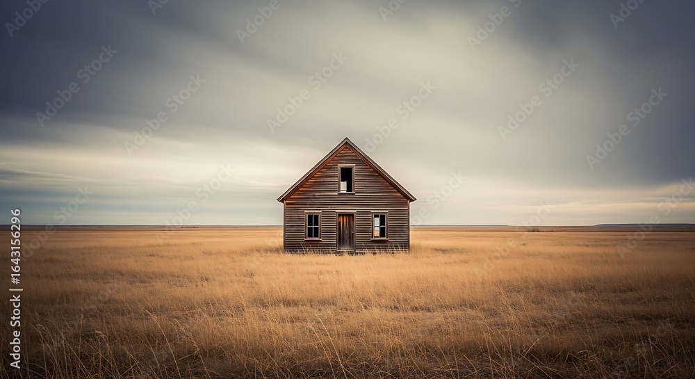 Abandoned log cabin in a dry field under cloudy sky Abandoned log cabin in a dry field under cloudy sky