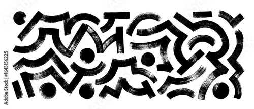 Intricate geometric brush strokes collection. Abstract geometric bold lines and dots. Hand drawn bold grunge shapes, curved and zigzag lines. Naive sketchy marker strokes for collages, banners.