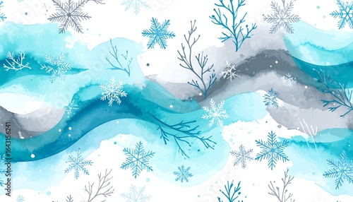 Watercolor winter scene with snowflakes and branches