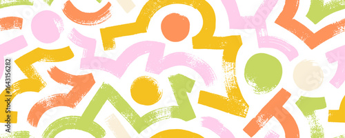 Funky geometric maze colorful seamless pattern. Bold brush drawn curved and zigzag lines with dots.