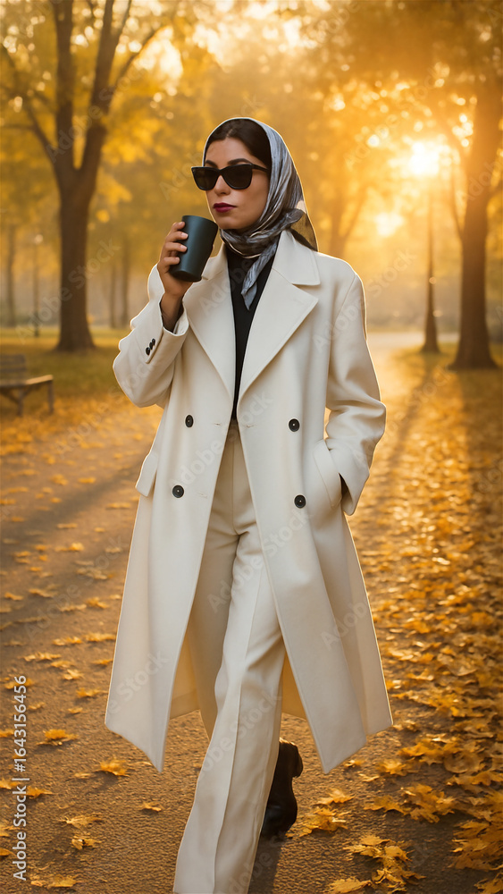 Fototapeta premium Stylish beautiful woman walks through a fall city park with fallen leaves at sunrise. She holds coffee from a reusable cup. White trenchcoat trousers, sunglasses and skarf, red lipstick on her lips.