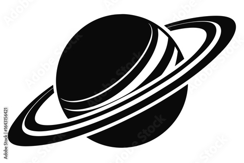 An oval black planet shows with its beautiful distinct rings on a white background