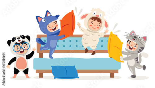 Cartoon Kids Playing Pillow Game