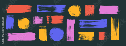 Colorful straight lines, squares and circles collection. Brush drawn childish geometric shapes. Calligraphy thick or bold paint lines. Sketchy brush strokes grunge collection. Vector ink illustration.