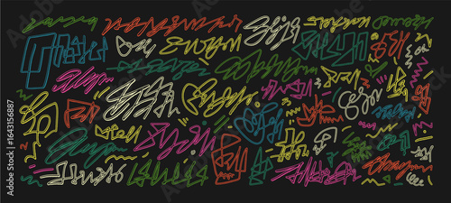 Multi colored abstract graffiti fake signatures or hand drawn autographs. Neon motif abstract street graffiti vector lettering elements. Doodle style fake signatures. Scribbles and squiggles.