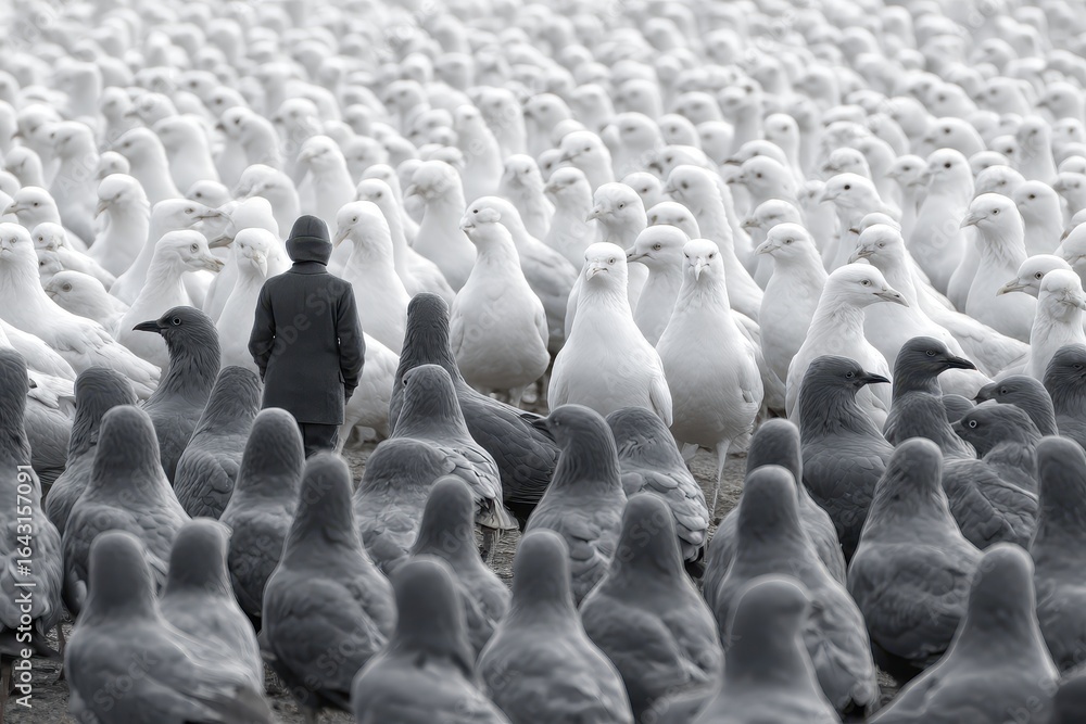 Obraz premium Unique white bird stands among a gathering of gray birds in a natural setting at dawn