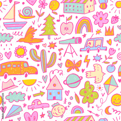 Cute kid doodle girly seamless pattern. Crayon drawn children drawings, pink cartoon elements background.
