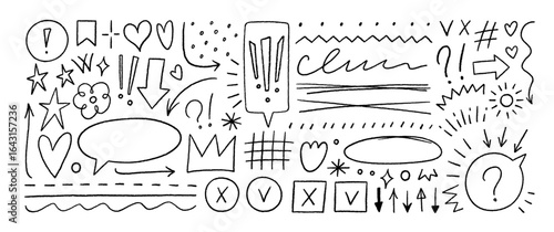 Doodle emphasis elements, speech bubbles and underlines. Sketch arrow shapes, crowns, speech bubbles. Vector ink illustration. Hand drawn doodle marker drawings for notes, diagrams and to do lists.