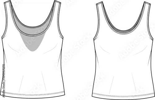 Women’s scoop neck tank top flat sketch, sleeveless camisole fashion CAD template for activewear, layering tops, and sewing patterns