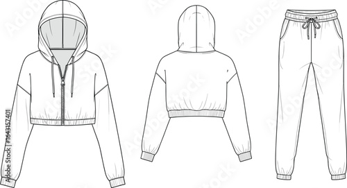 Women’s cropped hoodie and jogger pants flat sketch set, fashion CAD template for activewear, loungewear, streetwear design and sewing patterns