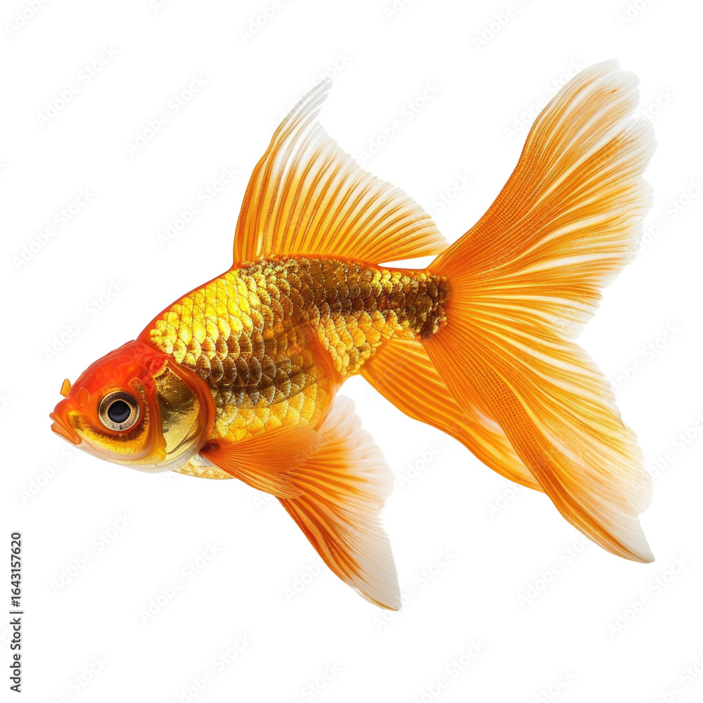 Fototapeta premium Vibrant orange goldfish with flowing fins, isolated on a transparent background. background removed