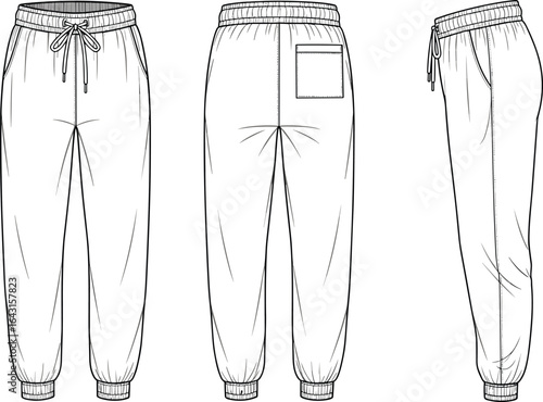 Unisex jogger pants technical flat sketch with drawstring waist and cuffed hem, fashion CAD drawing, front, back, side views