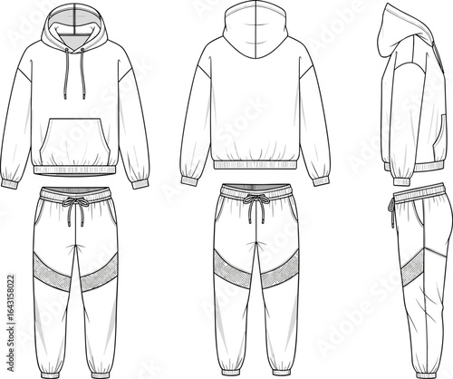 Unisex hoodie and jogger sweatpants technical flat sketch, front back side CAD drawing, casual loungewear vector template for fashion design