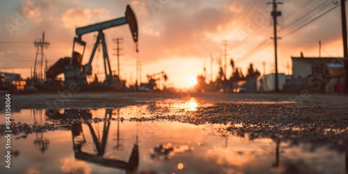 Pump jack reflecting in puddle at sunset in oil field