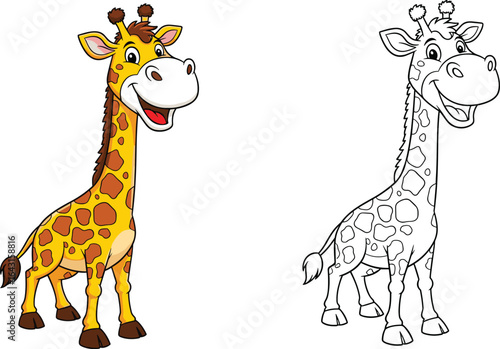 Cute giraffe cartoon with coloring page, wildlife animal illustration for kids, educational drawing activity, flat vector, CAD drawing design