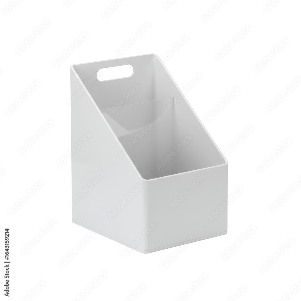 Fototapeta premium Empty, pristine matte white plastic magazine file holder, minimalist design, clear rectangular contours, open top, on a seamless transparent background, no shadows, precision and order concept