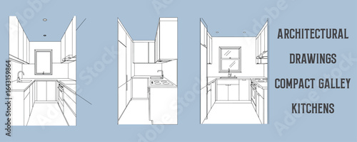 Architectural line drawings of compact galley kitchens with clean cabinetry, minimalist black and white vector illustration for modern interior design and architectural presentations