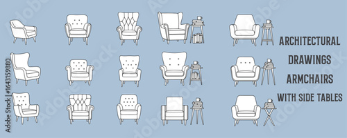 Architectural line drawings of stylish armchairs with side tables featuring books and coffee mugs, modern and classic furniture illustration for interior design layouts and architectural presentations