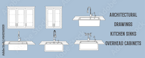 Architectural line drawings of kitchen sinks with faucets and overhead cabinets, minimalist black and white vector illustration for modern interior design and architectural presentations