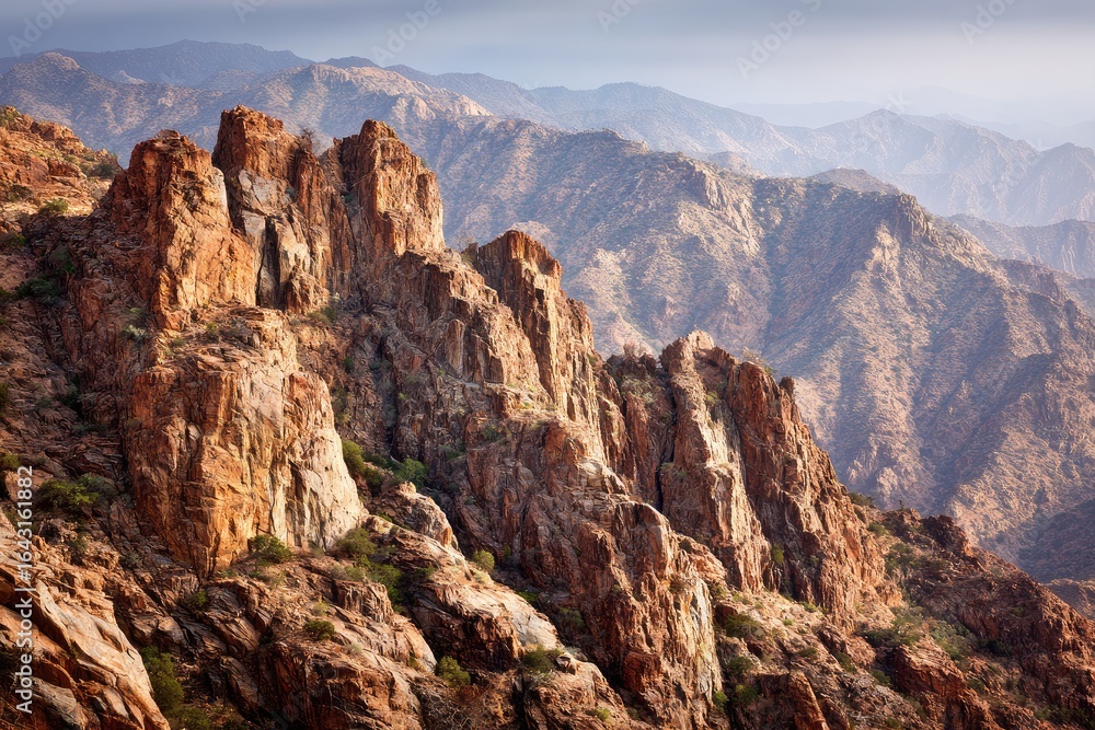 Fototapeta premium Rocky mountain ridge bathed in warm light
