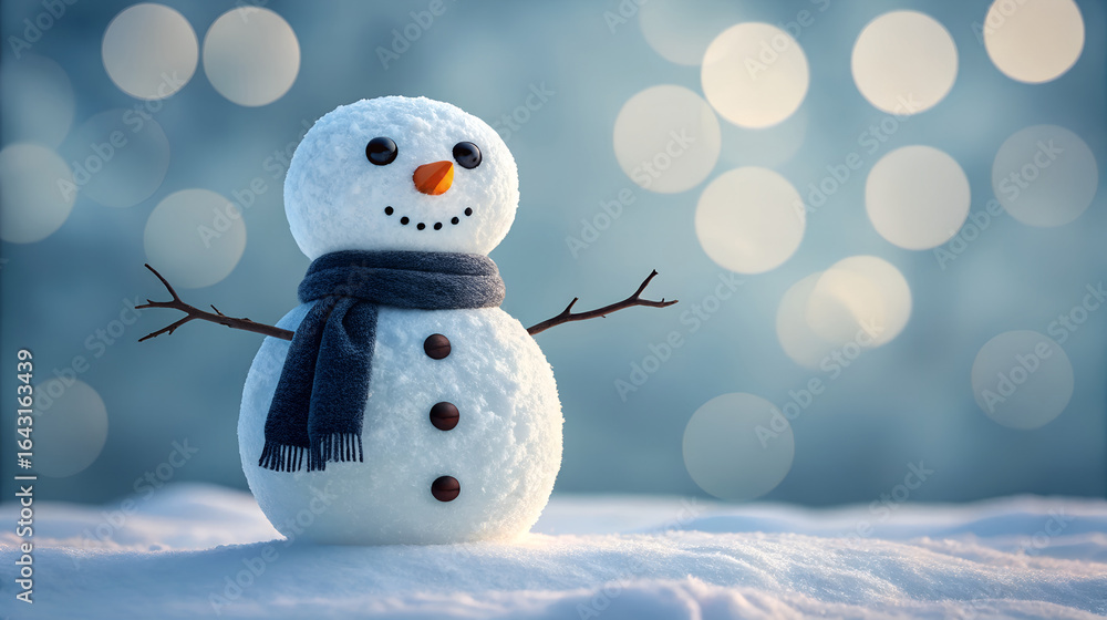 Obraz premium Charming snowman with black scarf and twig arms in snowy landscape