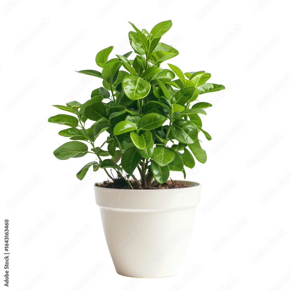 Obraz premium A lush green plant with vibrant leaves thrives in a simple white pot, adding a touch of nature indoors. background removed