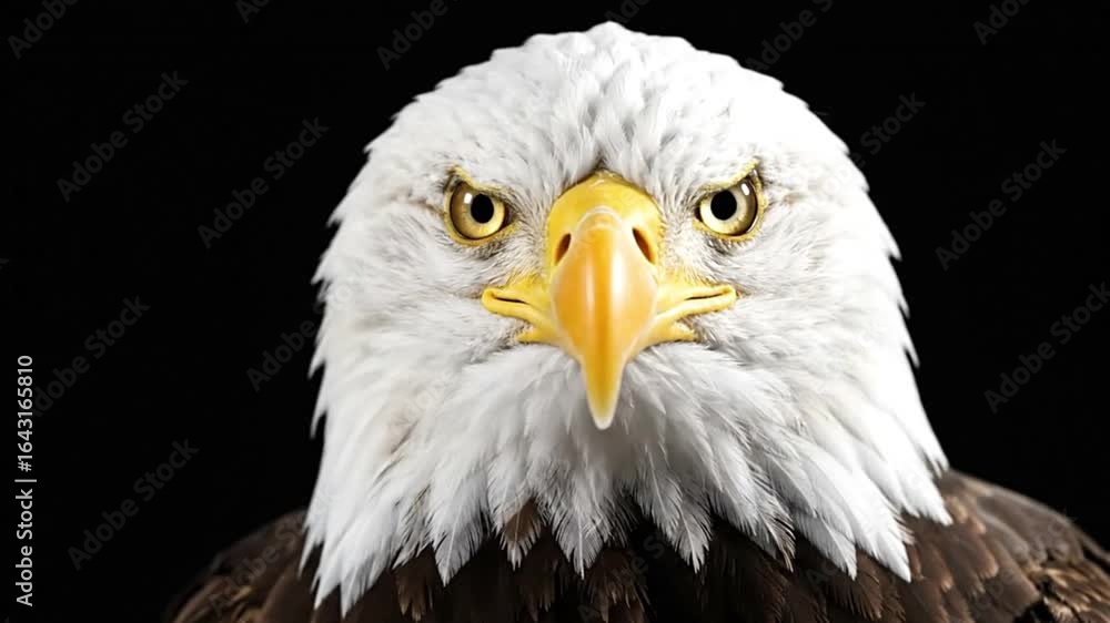 Bald eagles head intense gaze white brown feathers yellow beak against dark background Bald eagles head intense gaze white brown feathers yellow beak against dark background