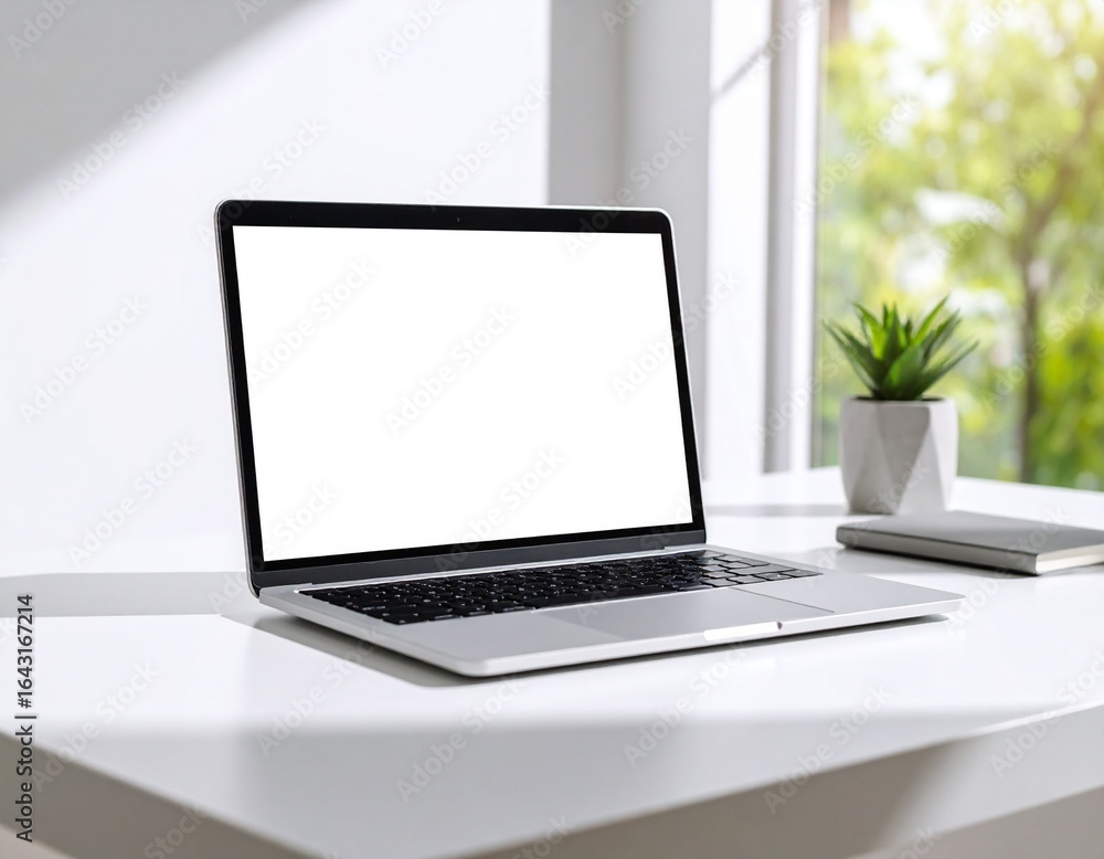 Fototapeta premium Clean Modern Workspace: Laptop with Blank Screen, Potted Plant, and Notebook on White Desk