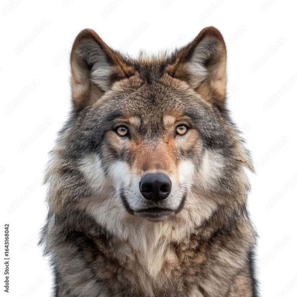 Obraz premium Majestic gray wolf portrait, intense gaze, sharp features, wild animal. background removed