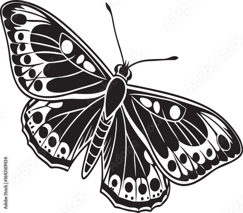 Detailed black and white butterfly graphic with patterned wings