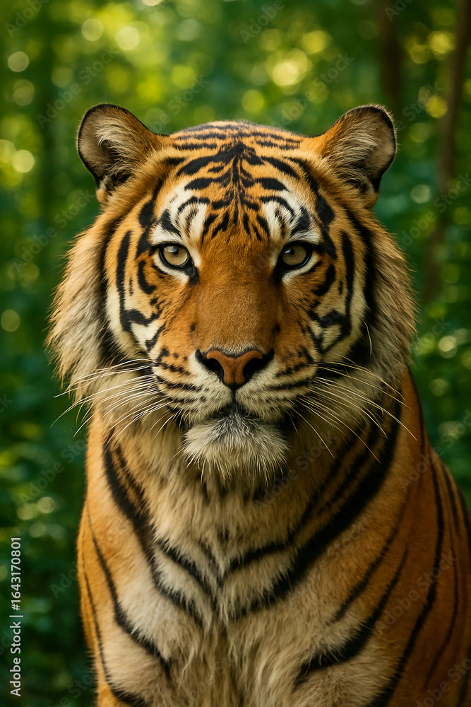 Fototapeta premium A stunning portrait of a tiger, showcasing its striking orange and black stripes and intense gaze. The lush green background enhances the natural beauty of this majestic creature.