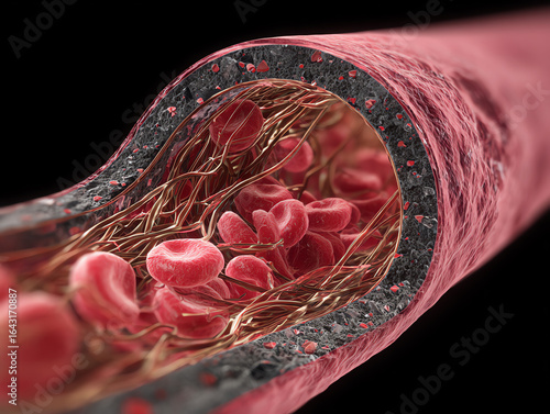 Close-up view of blood vessels showing red blood cells.