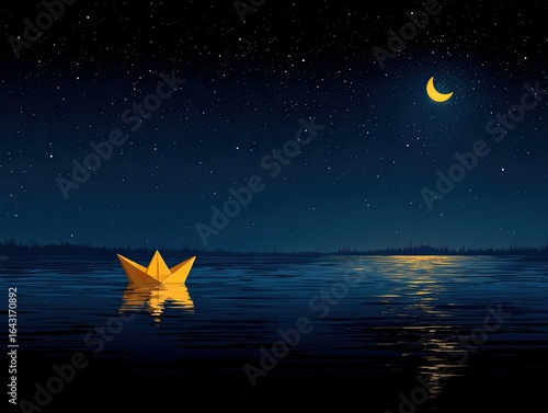 Golden paper boat on dark water, starry night, crescent moon