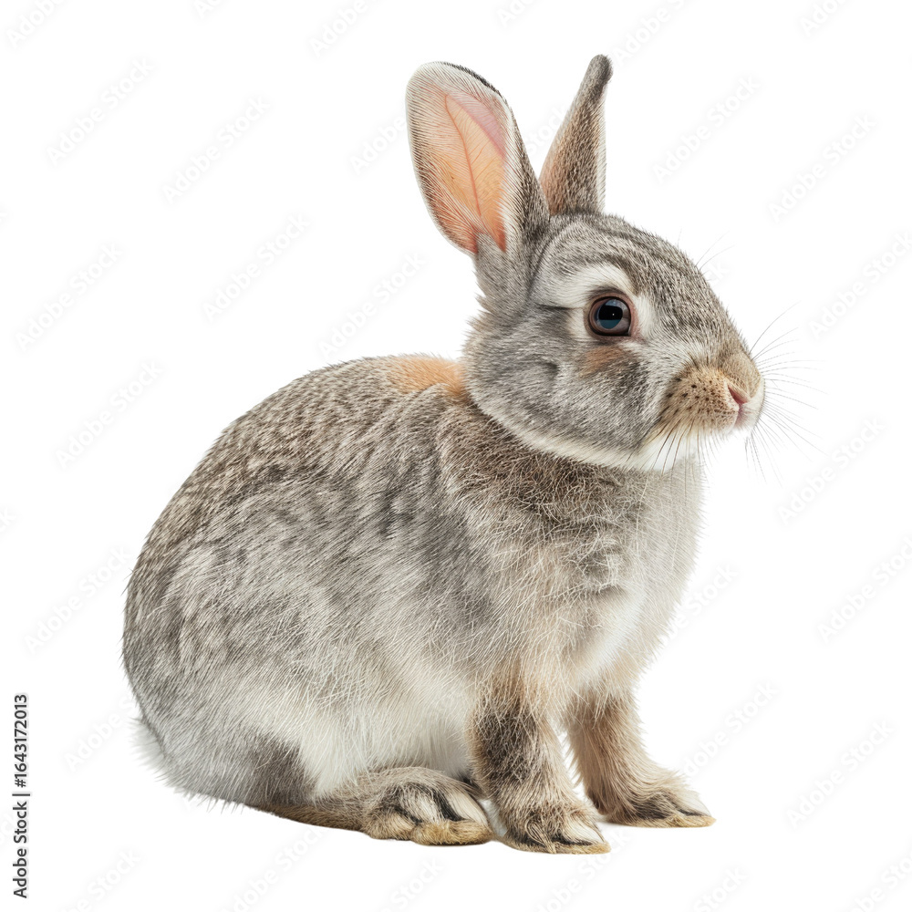 Obraz premium Adorable grey rabbit sitting, fluffy fur, cute ears, isolated on transparent background. background removed