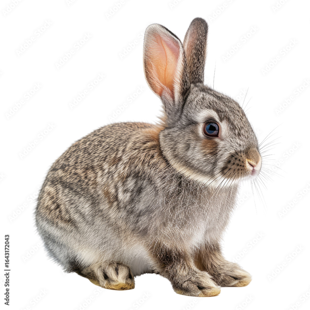 Fototapeta premium Adorable gray bunny rabbit sitting, isolated on transparent background. background removed