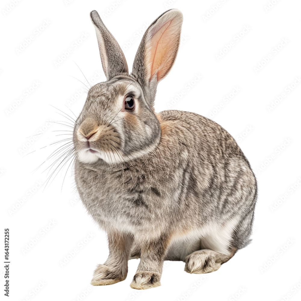 Fototapeta premium Adorable gray rabbit sitting, fluffy fur, alert expression, png image. background removed