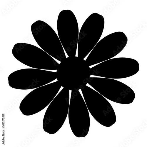 Abstract black and white flower silhouette with rounded petals and central disk