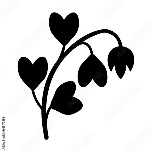 A minimalist black silhouette of a heartleafed plant with drooping flower