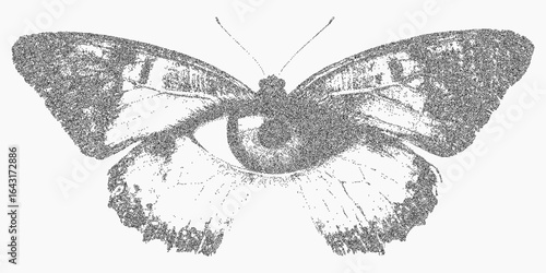 Butterfly silhouette with an eye. Blotchy silhouette with halftone grain, faint scratches and ink dust effects. Rough texture blends with threshold.